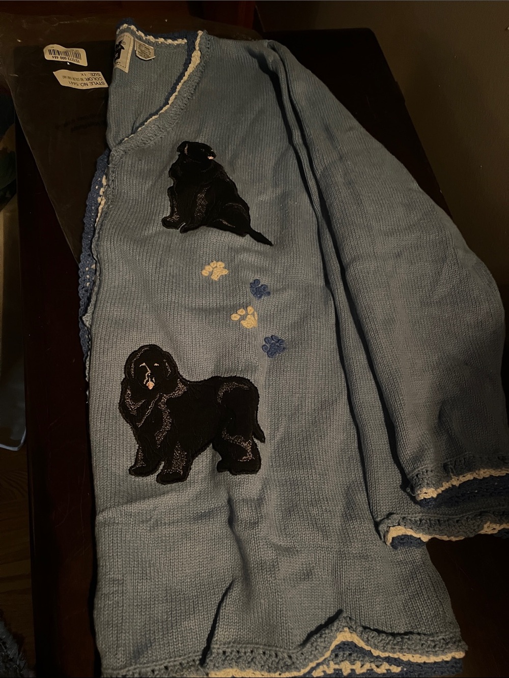 Storybook Knits Blue Knit Pet Blanket with Black Dog Embroideries